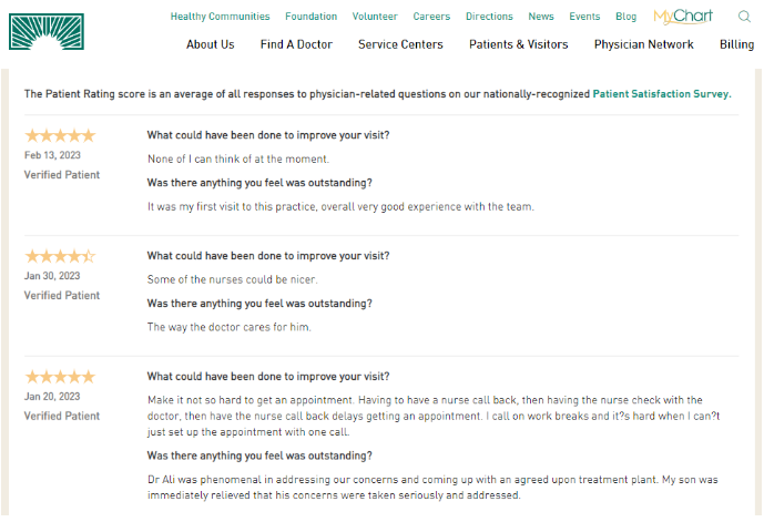 patient reviews on website