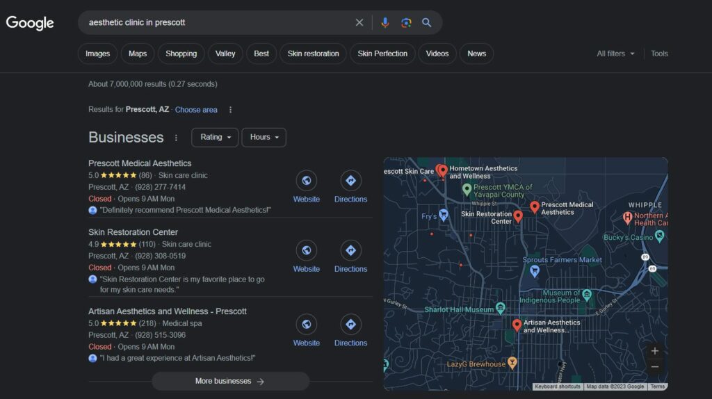 google local 3 pack for medical aesthetics search result